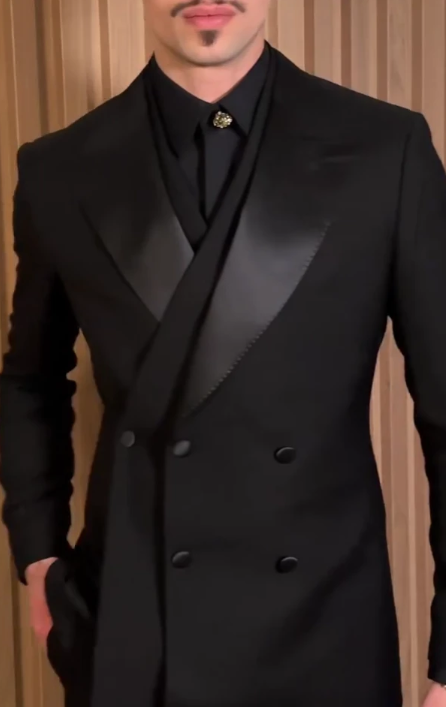 Black Satin Peak Lapel Double-Breasted Tuxedo Suit Set