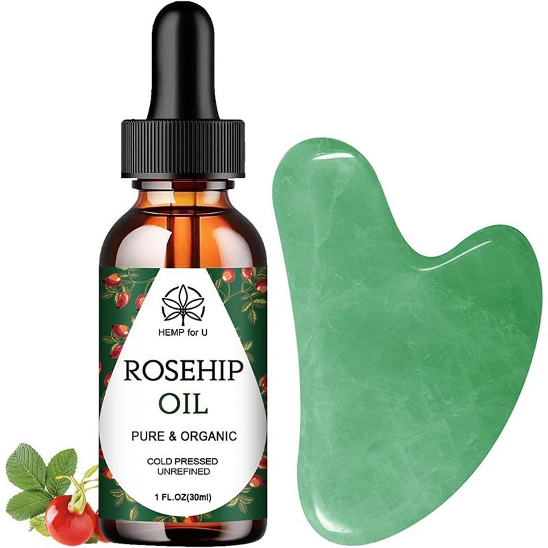 Gua Sha Massage Tools & Rosehip Oil In One Set, Nature Jade Stone Facial Gua Sha Products 