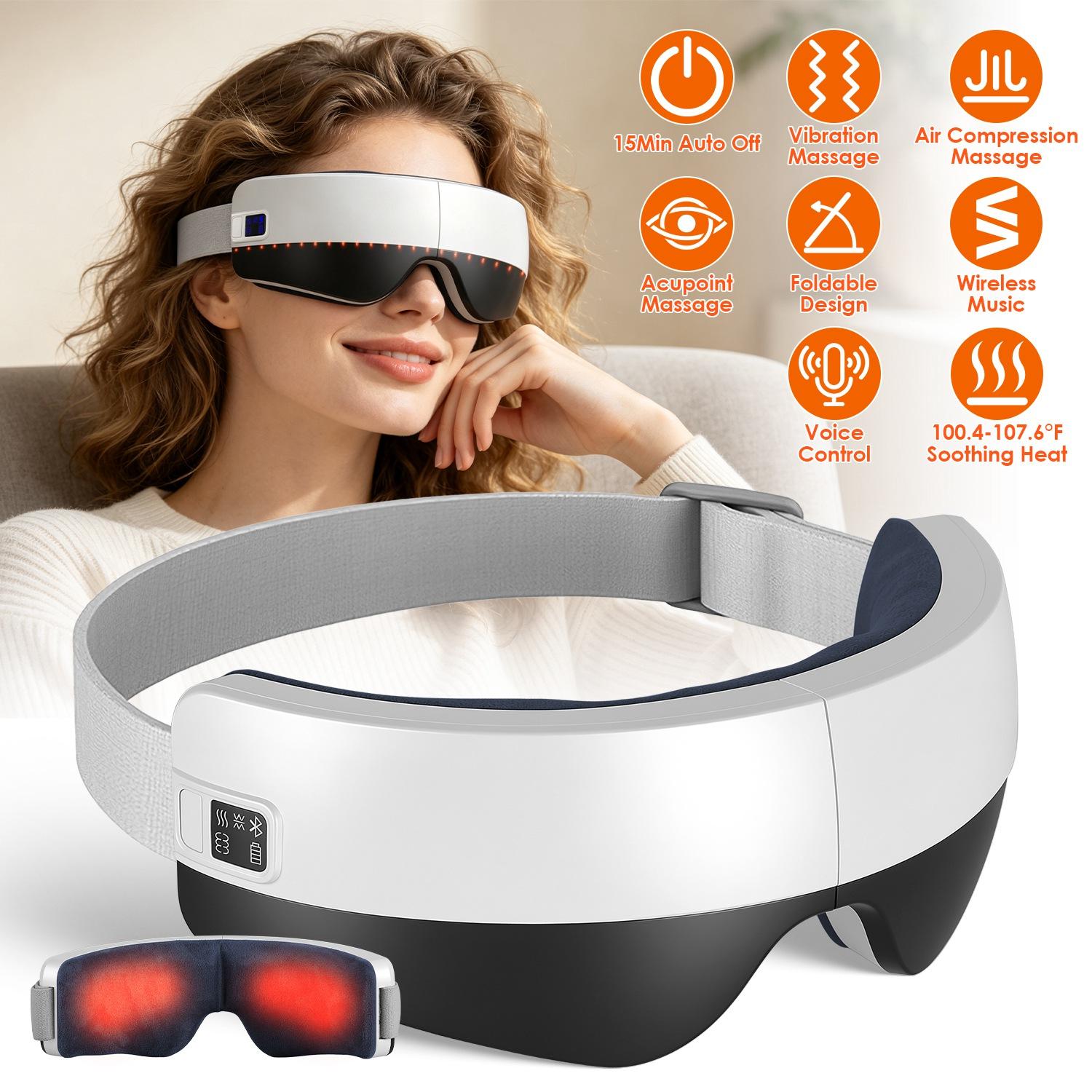 Eye Massager With Heat Air Compression & Vibration Voice Control 4 Massage Modes Wireless 