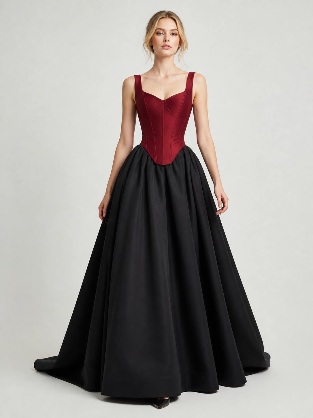 Burgundy Corset Bodice Black Satin Ball-Gown Evening Dress