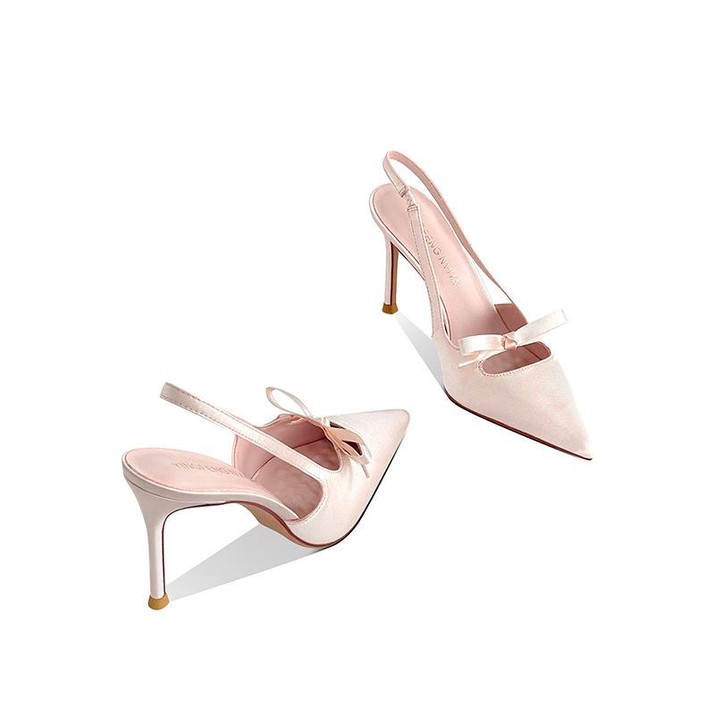 New Hollow-out Bow French Satin High-heeled Shoes For Women