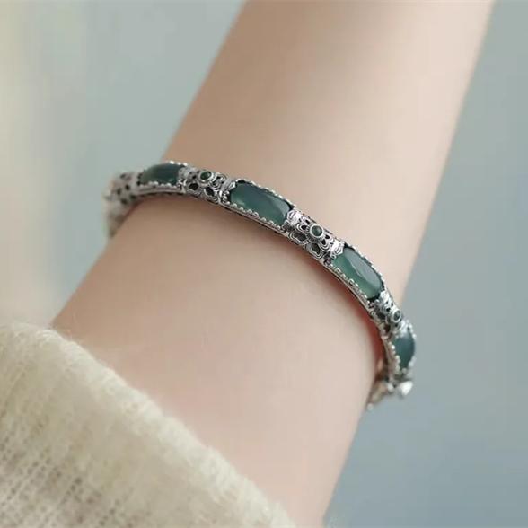 Plain-face Bracelet With An Open Design Featuring Blue-water Jade In A Traditional Ethnic 