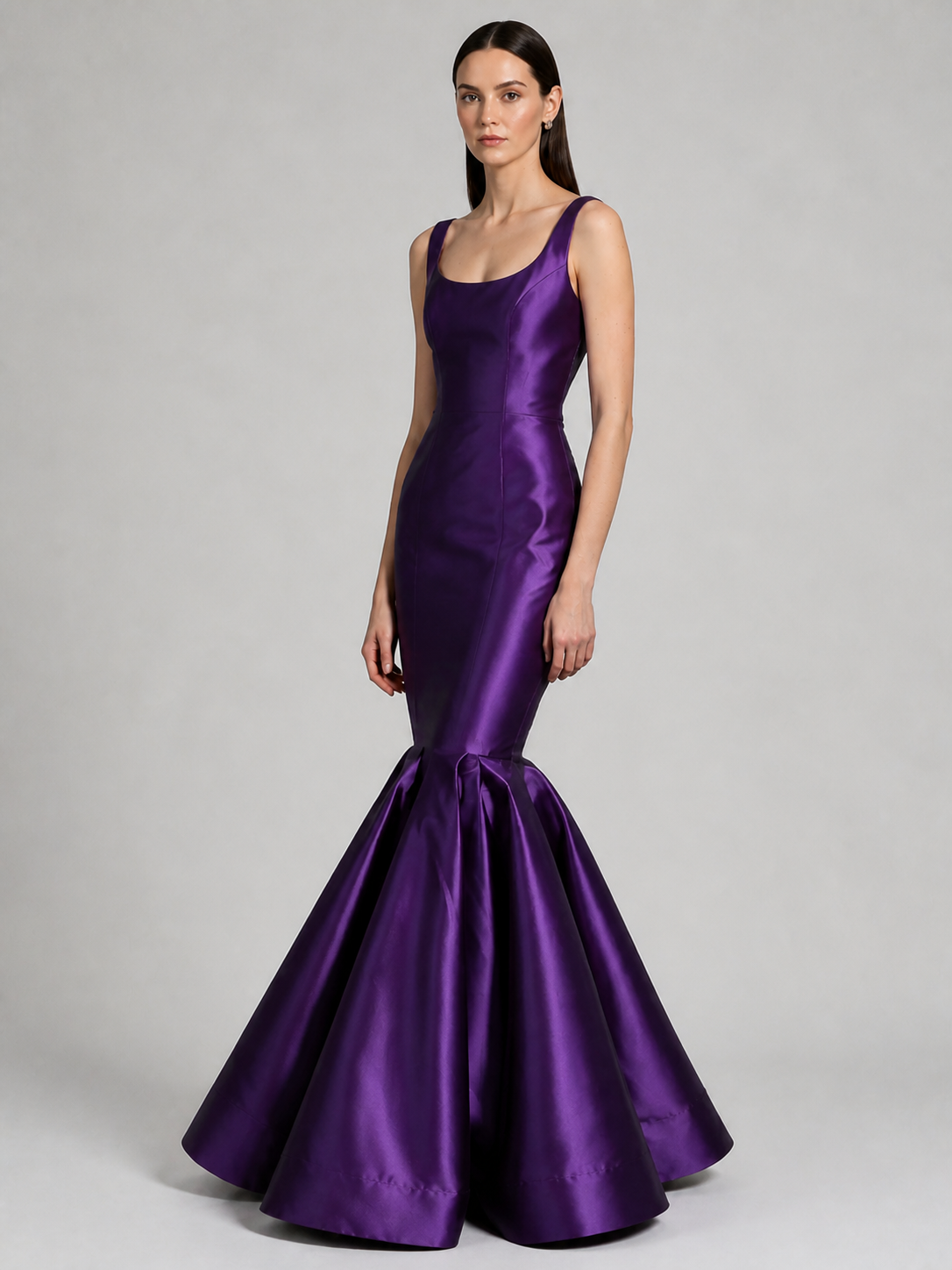 Deep Purple Satin Scoop-Neck Sleeveless Mermaid Evening Gown