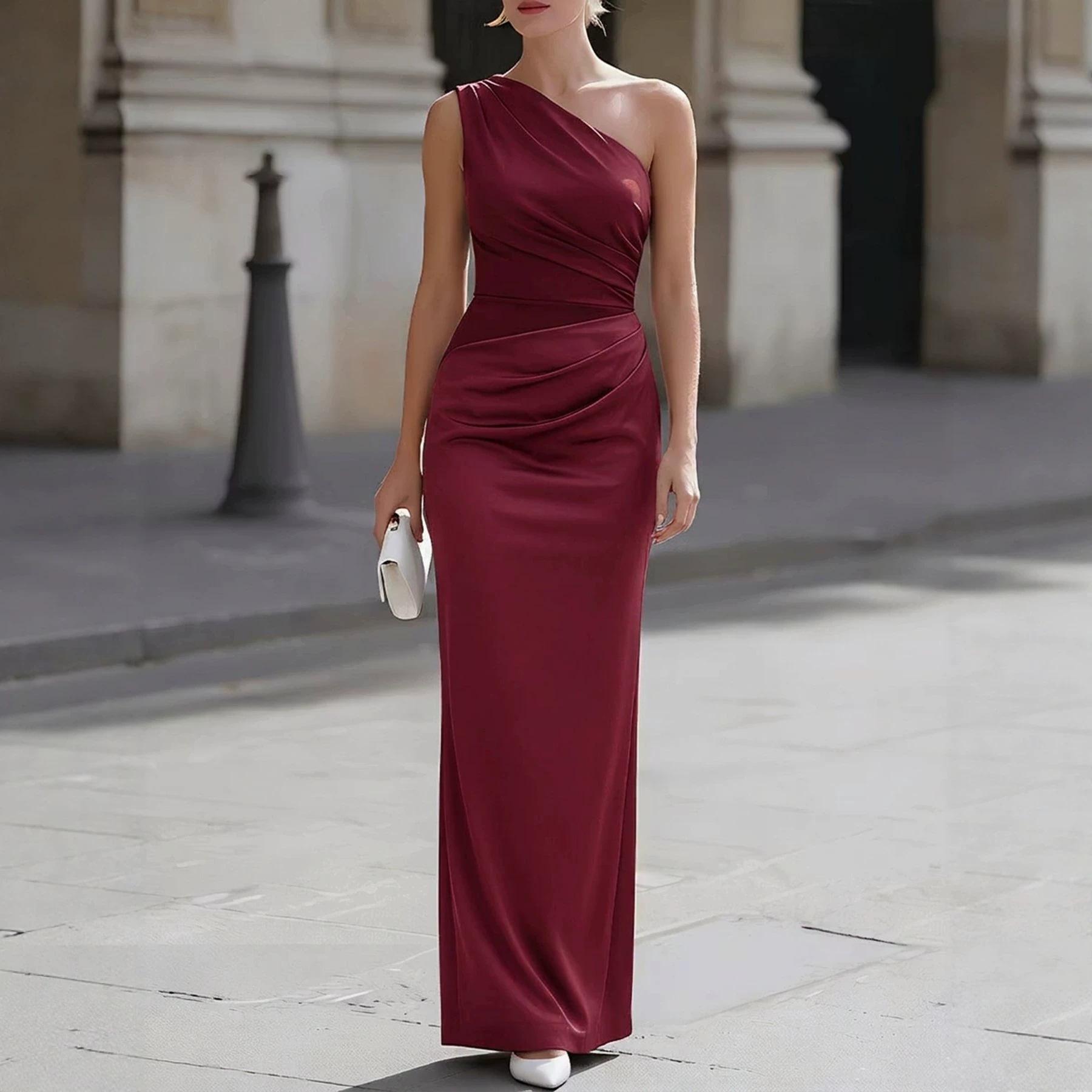 European And American Womens Solid-color Satin Sheath Evening Gown High-waisted Sleeveless