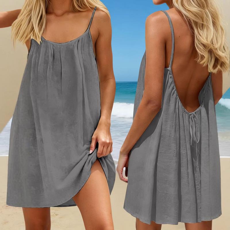 Women's Ice Silk Crinkled Solid Color Ruched Backless Slip Mini Dress, Beach Vacation Dres
