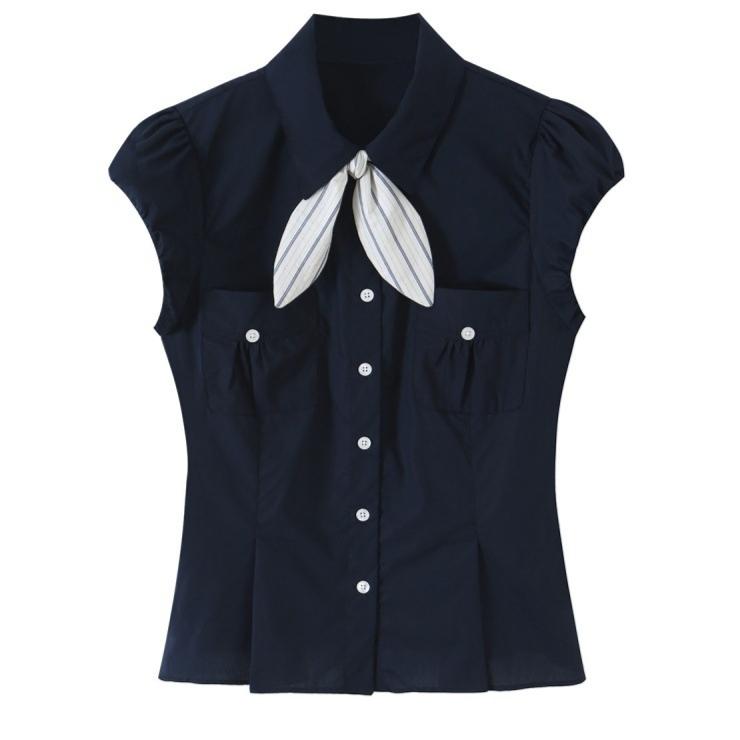 Bow-tie Silk Scarf Pocket Short-sleeve Blouse For Women